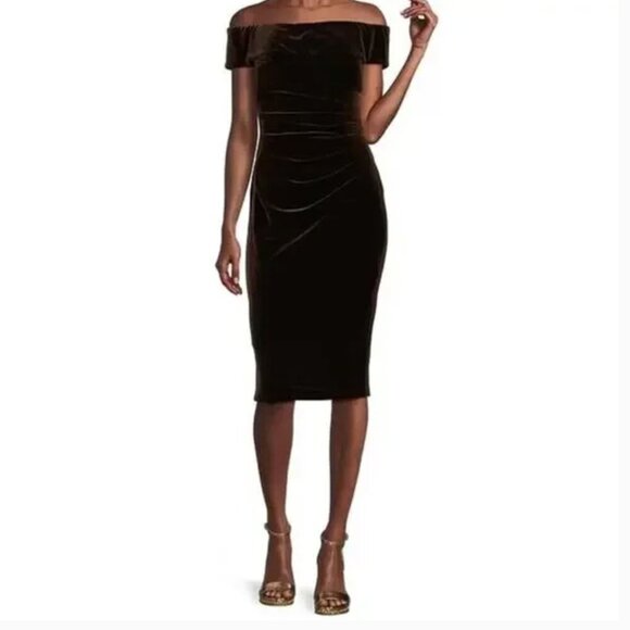 Xscape Dresses & Skirts - NWT Xscape Off shoulder Velvet Midi Dress Plum Purple Size 12